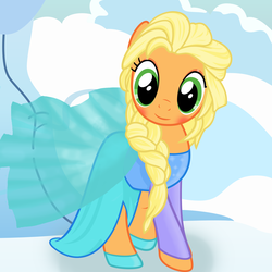 Size: 6400x6400 | Tagged: safe, artist:beavernator, applejack, earth pony, pony, g4, absurd resolution, blushing, clothes, cosplay, dress, elsa, female, frozen (movie), looking at you, mare, queen elsajack, smiling, solo, tomboy taming
