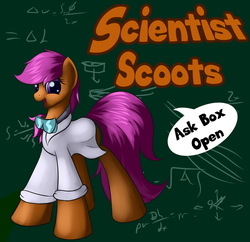 Size: 1280x1239 | Tagged: safe, artist:grennadder, scootaloo, g4, ask, big hooves, clothes, female, lab coat, long legs, scientist, scientist scoots, solo, tumblr