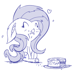 Size: 1263x1200 | Tagged: safe, artist:krucification, fluttershy, pony, g4, cake, cute, female, flutterbat, monochrome, nom, shyabates, shyabetes, solo, tumblr