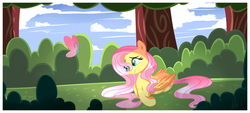 Size: 4637x2100 | Tagged: safe, artist:xwhitedreamsx, fluttershy, butterfly, g4, female, lying, smiling, solo