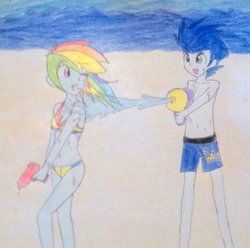 Size: 1024x1016 | Tagged: safe, artist:little-miss-oshawott, rainbow dash, soarin', equestria girls, g4, beach, belly button, bikini, clothes, duo, female, humanized, male, ship:soarindash, shipping, straight, swimsuit, topless, traditional art, water, wet