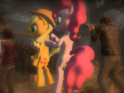 Size: 640x480 | Tagged: safe, applejack, pinkie pie, pony, g4, 3d, bipedal, clementine (walking dead), gun, left 4 dead 2, leon s. kennedy, mod, pistol, resident evil, the walking dead