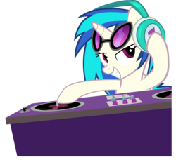 Size: 4558x4333 | Tagged: safe, artist:hfbn2, dj pon-3, vinyl scratch, pony, unicorn, g4, absurd resolution, female, glasses off, headphones, hooves, horn, mare, rap, simple background, smiling, solo, sunglasses, teeth, transparent background, turntable, vector