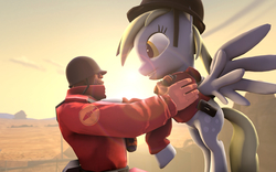Size: 1680x1050 | Tagged: safe, artist:d4rkm4nolo, derpy hooves, human, pony, g4, 3d, crossover, cute, derpy soldier, holding a pony, soldier, soldier (tf2), source filmmaker, team fortress 2, wallpaper