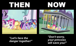 Size: 831x508 | Tagged: safe, applejack, fluttershy, pinkie pie, rainbow dash, rarity, twilight sparkle, g4, twilight's kingdom, cage, drama, mane six, op is a duck, op is trying to start shit, twilicorn spotlight drama