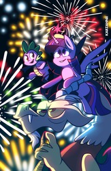 Size: 1253x1920 | Tagged: safe, artist:karzahnii, discord, spike, twilight sparkle, alicorn, pony, g4, crown, female, fireworks, mare, twilight sparkle (alicorn), unamused