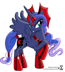 Size: 5920x6590 | Tagged: safe, artist:90sigma, princess luna, g4, idw, reflections, spoiler:comic, absurd resolution, alternate hairstyle, antagonist, armor, evil counterpart, evil luna, female, idw showified, mirror universe, raised hoof, simple background, smiling, solo, transparent background, vector