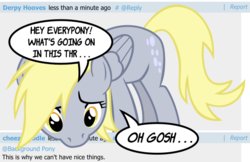 Size: 644x417 | Tagged: safe, derpy hooves, pegasus, pony, derpibooru, g4, breaking the fourth wall, cheezedoodle, cute, derpabetes, female, fourth wall, mare, meta, reaction image, solo, speech bubble, vector, what's going on in this thread
