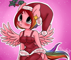 Size: 3648x3092 | Tagged: safe, artist:yukomaussi, oc, oc only, oc:rainbow time, pegasus, anthro, anthro oc, clothes, high res, holly, holly mistaken for mistletoe, looking up, santa costume, solo