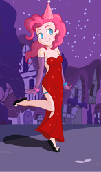Size: 561x955 | Tagged: artist needed, source needed, safe, pinkie pie, human, g4, clothes, cute, dress, evening gloves, female, hat, humanized, jessica rabbit dress, magical friends, night, open-back dress, outdoors, party hat, pose, red dress, side slit, solo, strapless dress, total sideslit