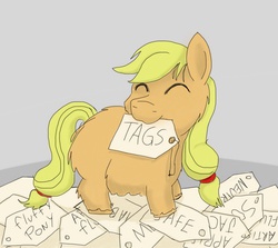Size: 860x768 | Tagged: safe, artist:fluffsplosion, applejack, fluffy pony, g4, eyes closed, female, fluffyjack, meta, mouth hold, solo, tags