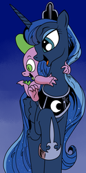 Size: 625x1247 | Tagged: safe, artist:andypriceart, artist:ced75, idw, princess luna, spike, dragon, pony, g4, cute, dragons riding ponies, looking back, open mouth, raised hoof, riding, smiling, spike riding luna