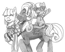 Size: 999x799 | Tagged: safe, artist:zhaozoharex, hoity toity, photo finish, silver spoon, g4, accessory swap, father and daughter, female, glasses, headcanon, male, monochrome, mother and daughter, parent, photoity, ponies riding ponies, riding, shipping, silver spoon riding hoity toity, smiling, straight, traditional art