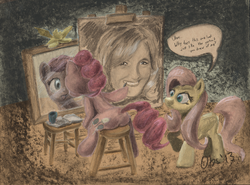 Size: 2102x1552 | Tagged: safe, artist:obsequiosity, fluttershy, pinkie pie, g4, abstract, andrea libman, art, canvas, speech bubble, traditional art, voice actor joke