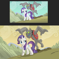 Size: 2300x2300 | Tagged: safe, artist:lemon, edit, edited screencap, screencap, rarity, rover, diamond dog, pony, unicorn, a dog and pony show, g4, frown, high res, looking back, mlpg, raised hoof, scene interpretation, worried