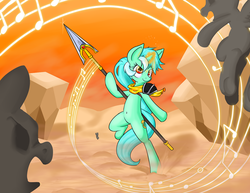 Size: 1280x989 | Tagged: safe, artist:zanezandell, lyra heartstrings, pony, g4, belly button, bipedal, fight, magic, music notes, spear