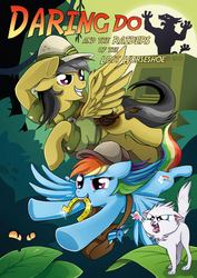 Size: 710x1002 | Tagged: safe, artist:creepynurse, ahuizotl, daring do, mitsy, rainbow dash, g4, book cover, horseshoes, indiana jones