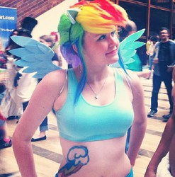 Size: 601x608 | Tagged: safe, artist:dawnshadow187, rainbow dash, human, g4, clothes, cosplay, irl, irl human, midriff, photo, sports bra