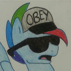 Size: 718x721 | Tagged: safe, artist:dawnshadow187, rainbow dash, g4, obey, rainbow blitz, rule 63, solo, traditional art