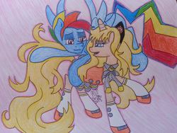 Size: 960x720 | Tagged: safe, artist:dawnshadow187, rainbow dash, g4, crack shipping, crossover, crossover shipping, female, half r63 shipping, male, mare, ponified, rainbow blitz, rule 63, seeu, seeublitz, shipping, stallion, straight, traditional art, vocaloid