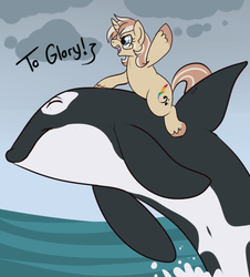 Size: 555x613 | Tagged: safe, artist:lulubell, oc, oc only, oc:lulubell, orca, pony, unicorn, belly button, charge, glasses, riding, stormcloud