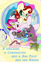 Size: 800x1204 | Tagged: safe, artist:pen-mightier, bat pony, changeling, pony, unicorn, cute, filly