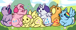 Size: 1280x512 | Tagged: safe, artist:piggyproblems, applejack, fluttershy, pinkie pie, rainbow dash, rarity, twilight sparkle, guinea pig, rodent, g4, :3, confetti, cute, eyes closed, fluffy, glowing horn, horn, looking up, magic, mane six, open mouth, prone, smiling, species swap, weapons-grade cute, wink