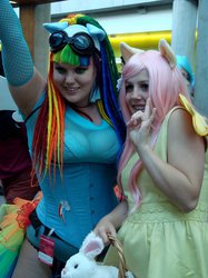 Size: 800x1067 | Tagged: artist needed, safe, artist:bluehorse17, fluttershy, rainbow dash, human, g4, 2013, clothes, convention, corset, cosplay, fanimecon, goggles, irl, irl human, photo