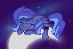 Size: 1259x849 | Tagged: safe, artist:php92, princess luna, g4, female, filly, moon, sleeping, solo, tangible heavenly object, woona