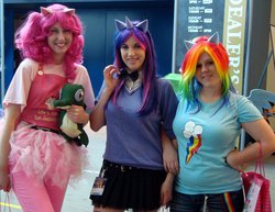 Size: 800x618 | Tagged: safe, artist:bluehorse17, gummy, pinkie pie, rainbow dash, twilight sparkle, human, g4, 2013, bowtie, clothes, convention, cosplay, fanimecon, irl, irl human, pet, photo, plushie, skirt, tutu