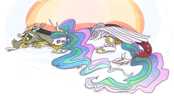 Size: 2568x1427 | Tagged: safe, artist:guiltiest-sparks, discord, princess celestia, g4, crying, female, male, ship:dislestia, shipping, straight