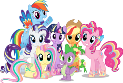 Size: 10000x6750 | Tagged: safe, artist:caliazian, applejack, fluttershy, pinkie pie, rainbow dash, rarity, spike, twilight sparkle, alicorn, dragon, earth pony, pegasus, pony, unicorn, g4, twilight's kingdom, .ai available, absurd resolution, cowboy hat, female, group, group photo, group shot, hat, let the rainbow remind you, looking at you, mane seven, mane six, mare, open mouth, rainbow power, simple background, song, stetson, transparent background, twilight sparkle (alicorn), vector