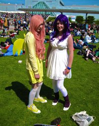 Size: 900x1141 | Tagged: safe, fluttershy, rarity, human, g4, cosplay, irl, irl human, photo