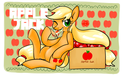 Size: 2011x1273 | Tagged: safe, artist:k :d, applejack, g4, apple, box, eating, female, looking at you, pixiv, pizza, solo, wink