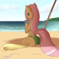 Size: 2000x2000 | Tagged: safe, artist:silverfox057, fluttershy, g4, beach, bikini, clothes, female, high res, solo, swimsuit, underhoof