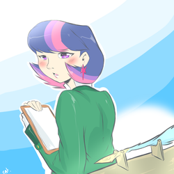 Size: 1280x1280 | Tagged: safe, artist:cold-blooded-twilight, twilight sparkle, human, g4, clipboard, clothes, diplomat-verse, earring, humanized, quill, suit