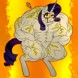 Size: 1024x1024 | Tagged: safe, artist:baronbulge, rarity, pony, g4, bipedal, blank flank, fetish, muscle fetish, muscles, ripped rarity, running makeup, steroids, syringe, vein, yellow eyes