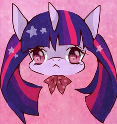 Size: 605x640 | Tagged: safe, artist:momo1, twilight sparkle, pony, unicorn, g4, alternate hairstyle, bow, cute, female, pigtails, pixiv, portrait, solo, twiabetes