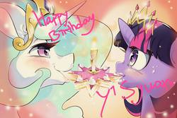 Size: 960x640 | Tagged: safe, artist:sung and ama, princess celestia, twilight sparkle, alicorn, pony, g4, cake, candle, eating, female, lesbian, mare, ship:twilestia, shipping, twilight sparkle (alicorn)