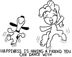 Size: 640x503 | Tagged: safe, artist:samueleallen, pinkie pie, earth pony, pony, g4, bipedal, crossover, dancing, eyes closed, happy, happy dance, monochrome, open mouth, peanuts, smiling, snoopy, snoopy dance