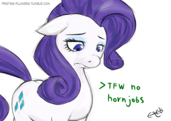Size: 1500x1061 | Tagged: safe, artist:ereb-tauramandil, rarity, g4, female, greentext, missing horn, solo, text