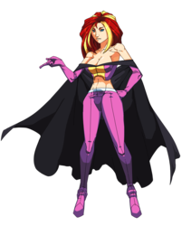 Size: 2156x2557 | Tagged: safe, artist:moonfx, sunset shimmer, human, spiders and magic: rise of spider-mane, g4, breasts, busty sunset shimmer, cape, cleavage, clothes, crossover, evening gloves, female, high res, hips, humanized, midriff, shoulderless, simple background, solo, superhero, supervillain, thighs, transparent background