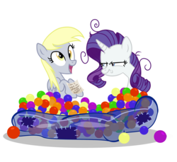Size: 1200x1100 | Tagged: safe, artist:kyle23emma, artist:pixelkitties, derpy hooves, rarity, pegasus, pony, g4, ball pit, dashcon, description in comments, female, frazzled hair, mare, message, paper, rarity is not amused, simple background, transparent background, unamused