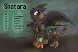 Size: 1500x1000 | Tagged: safe, artist:pantzar, oc, oc only, oc:shatara, griffon, fallout equestria, armor, reference sheet, solo, weapon