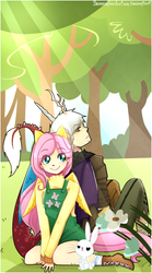 Size: 550x988 | Tagged: safe, artist:bananaproduction, angel bunny, discord, fluttershy, human, g4, eared humanization, female, grass, horned humanization, humanized, male, outdoors, overalls, ship:discoshy, shipping, sitting, straight, tailed humanization, winged humanization