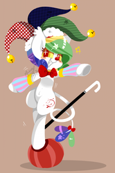 Size: 1000x1508 | Tagged: safe, artist:snow angel, oc, oc only, pony, balancing, ball, bells, belly button, brown background, cane, clown, clown pony, colored pupils, colored sclera, cute, fangs, female, grin, hat, long tail, looking at you, mare, ocbetes, pixiv, prehensile tail, simple background, smiling, solo, squee, starry eyes, wingding eyes
