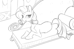 Size: 1280x855 | Tagged: dead source, safe, artist:shirohomura, rarity, pony, unicorn, g4, fainting couch, female, horn, lying down, mare, monochrome, solo