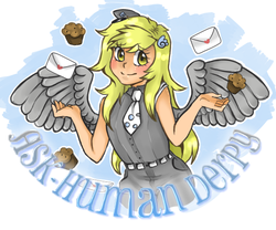 Size: 600x500 | Tagged: safe, artist:sincerelymrbear, derpy hooves, human, ask human derpy, g4, ask, belt, female, hat, humanized, mail, muffin, necktie, solo, tumblr, winged humanization