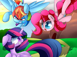 Size: 1280x943 | Tagged: safe, artist:madacon, pinkie pie, rainbow dash, twilight sparkle, alicorn, earth pony, pegasus, pony, g4, assault, female, glomp, group, mare, twilight sparkle (alicorn)