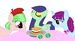 Size: 1278x705 | Tagged: safe, artist:pdorothynics, blueberry cake, drama letter, mystery mint, watermelody, earth pony, pegasus, pony, unicorn, g4, background human, base used, beret, clothes, equestria girls ponified, glasses, plate, ponified, s'mores, scarf